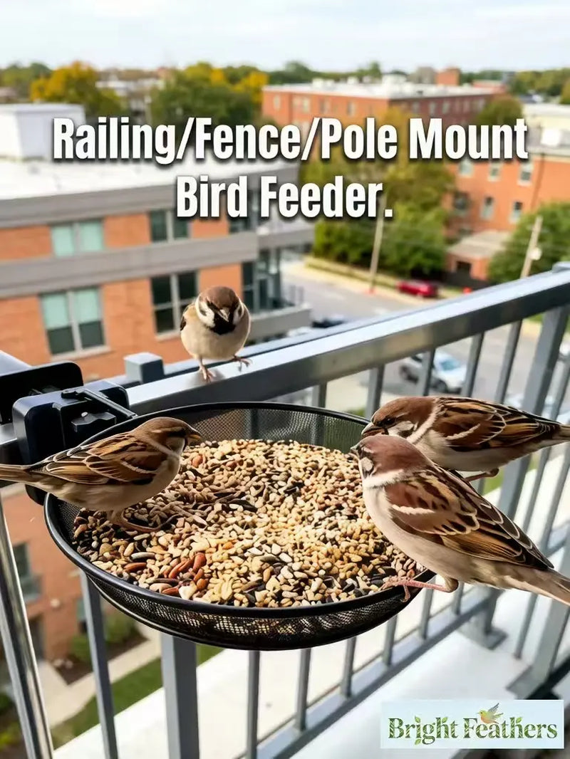 Railing/Fence/Pole Mount Bird Feeder 8" Metal Mesh Birdseed Tray for Deck/Balcony/Porch Wildbird Feeding Large Clamp(3" Max) Platform Wild Bird Feeder