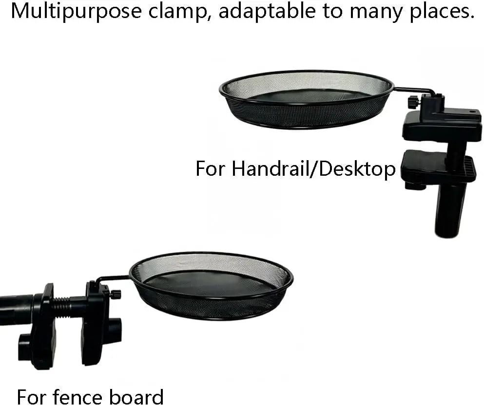 Railing/Fence/Pole Mount Bird Feeder 8" Metal Mesh Birdseed Tray for Deck/Balcony/Porch Wildbird Feeding Large Clamp(3" Max) Platform Wild Bird Feeder
