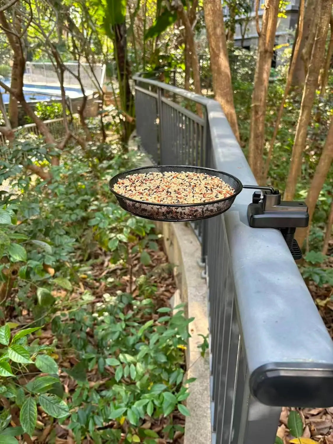Railing/Fence/Pole Mount Bird Feeder 8" Metal Mesh Birdseed Tray for Deck/Balcony/Porch Wildbird Feeding Large Clamp(3" Max) Platform Wild Bird Feeder