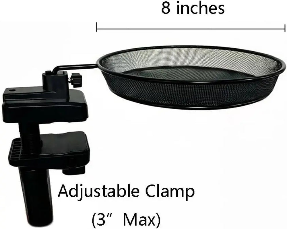 Railing/Fence/Pole Mount Bird Feeder 8" Metal Mesh Birdseed Tray for Deck/Balcony/Porch Wildbird Feeding Large Clamp(3" Max) Platform Wild Bird Feeder
