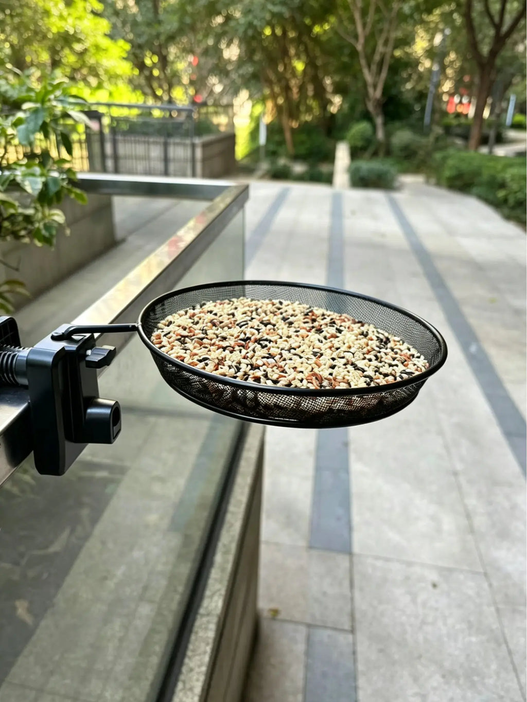 Railing/Fence/Pole Mount Bird Feeder 8" Metal Mesh Birdseed Tray for Deck/Balcony/Porch Wildbird Feeding Large Clamp(3" Max) Platform Wild Bird Feeder