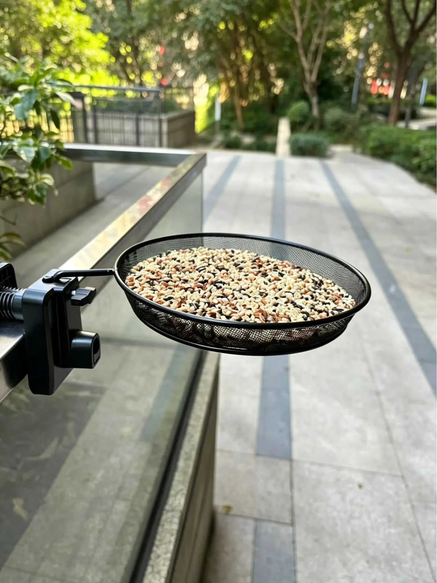 Railing/Fence/Pole Mount Bird Feeder 8" Metal Mesh Birdseed Tray for Deck/Balcony/Porch Wildbird Feeding Large Clamp(3" Max) Platform Wild Bird Feeder