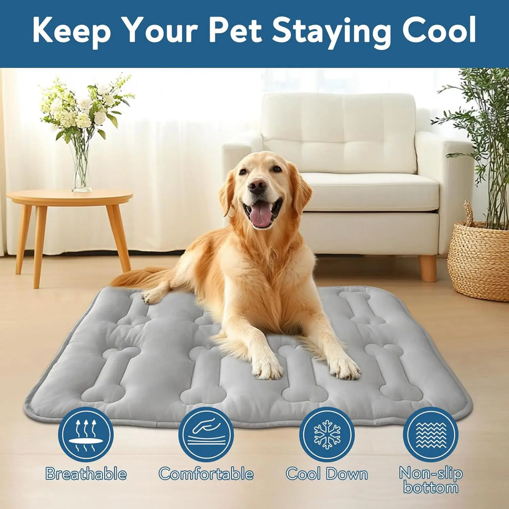 #Summervibes 2Pcs Dog Cooling Mat for Large Dogs or Cats, Thickened Durable Non-Toxic Non-Slip Quiled Long-Lasting Cool Summer Pet Pad with Cute Bone Stitching, Portable Lightweight Washable Indoor Outdoor Cold Kennel Crate Bed, Grey