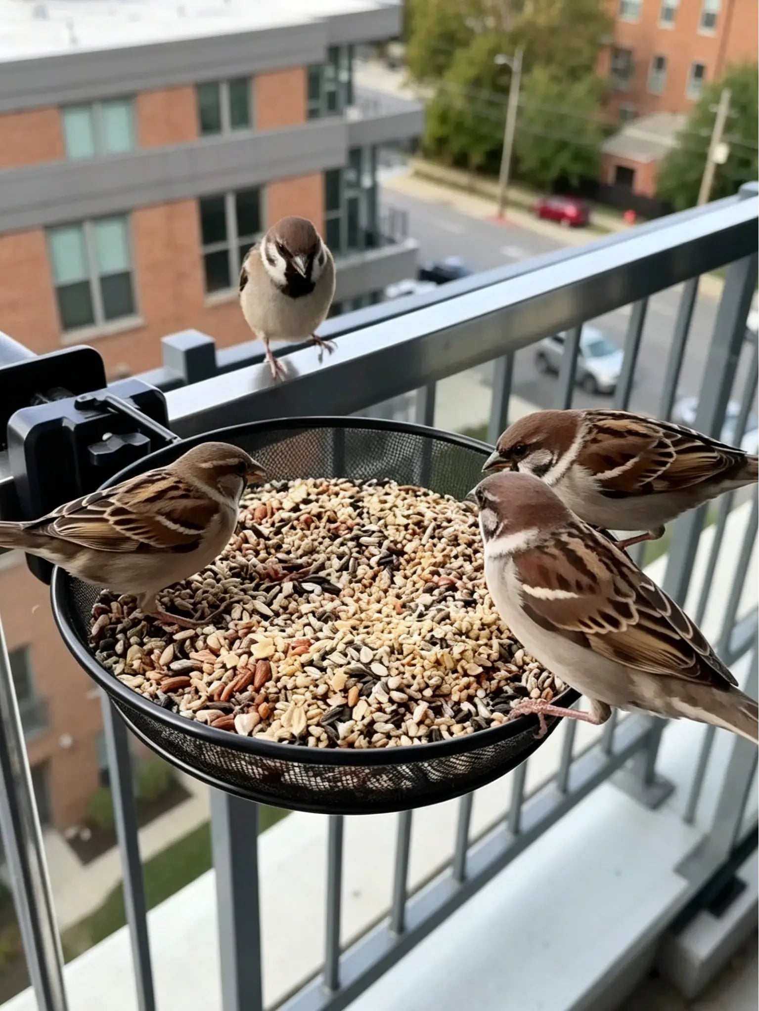Railing/Fence/Pole Mount Bird Feeder 8" Metal Mesh Birdseed Tray for Deck/Balcony/Porch Wildbird Feeding Large Clamp(3" Max) Platform Wild Bird Feeder